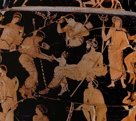 Die Geburt des Dionysos, Proto-Apulischer rotfiguriger Krater (Detail)